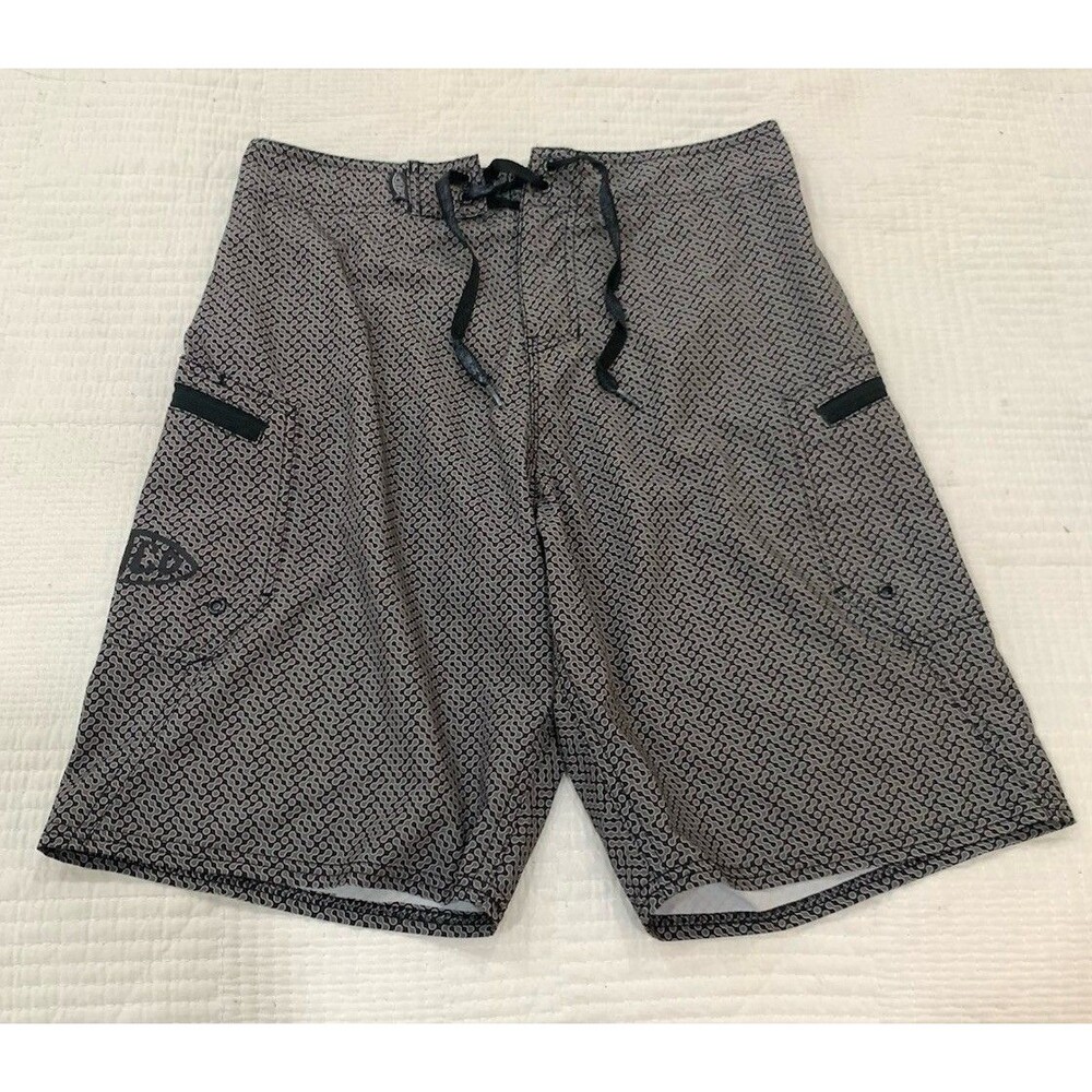 AFTCO Board Shorts Men 30 Black Grey Geometric Fishing Swim Trunks Cargo Pockets
